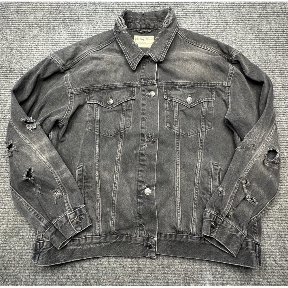 We The Free Denim Jacket Women L Black Distressed Button Up Cotton